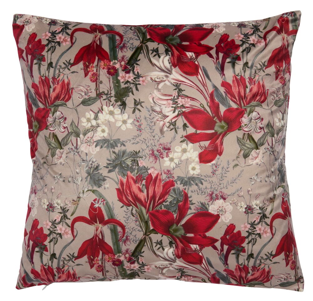 Natur Polyesterfløyel pute, passer innerpute 50x50 cm, med beige base og rødt, hvitt, rosa blomstermønster.