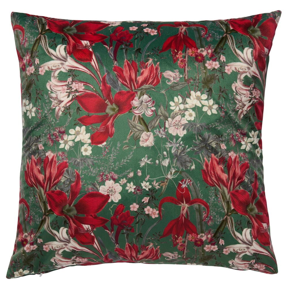 Mellomgrønt polyesterfløyel putetrekk med rødt, hvitt og rosa blomstermønster, passer innerpute 50x50 cm.