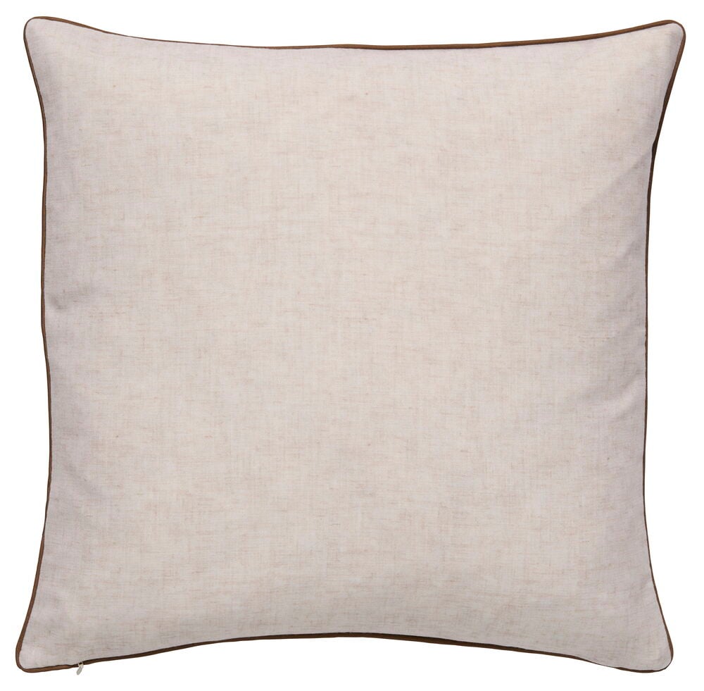 Et firkantet, naturfarget Natur Polyester Passer innerpute 50x50 cm putetrekk med brun kant og synlig glidelås.