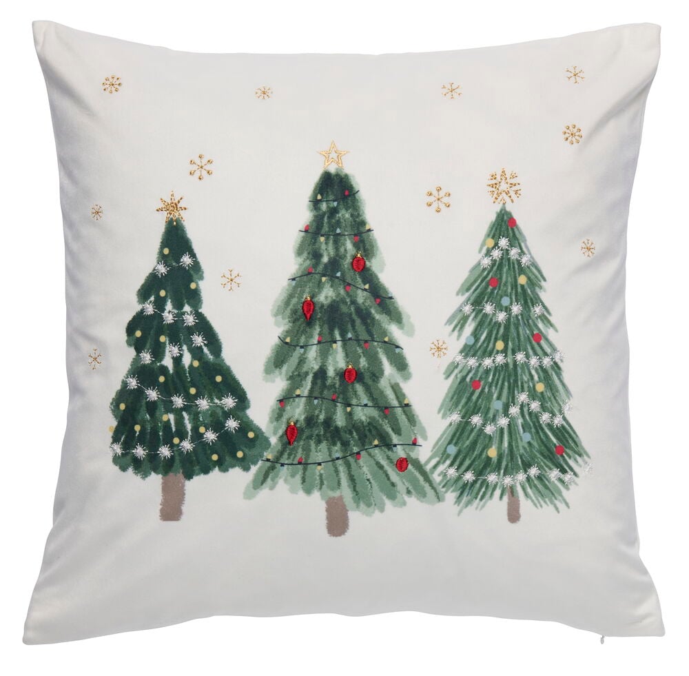Hvit polyester putetrekk, passer innerpute 50x50 cm, med broderte juletrær og snøfnugg.