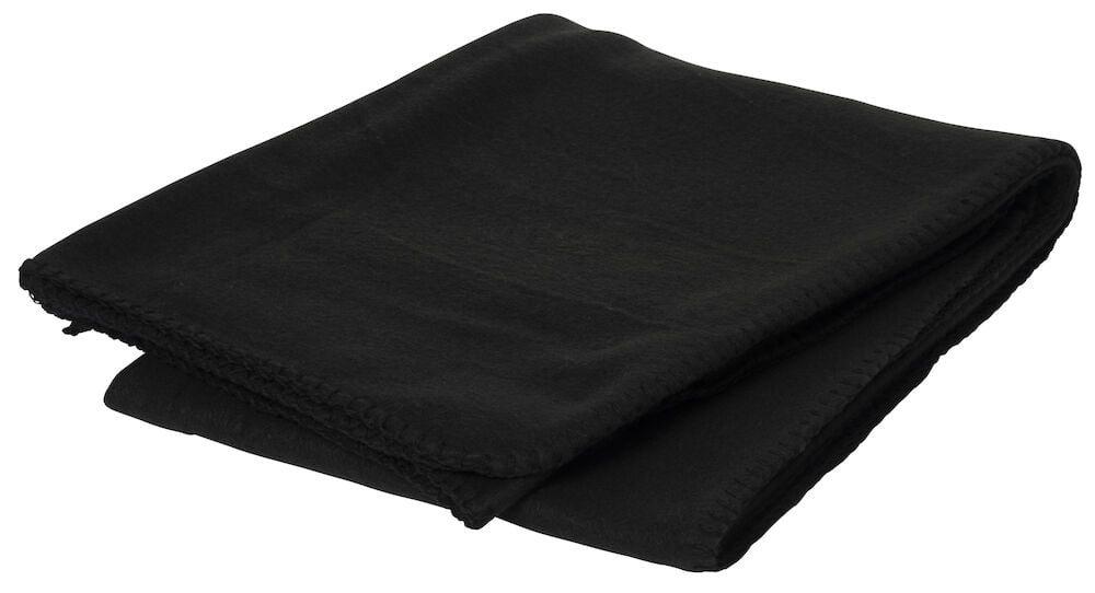 En tykk svart fleecepledd med sydde kanter.