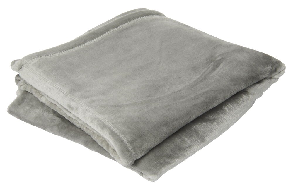 Vikt ljusgrå mjuk pläd i polyester.