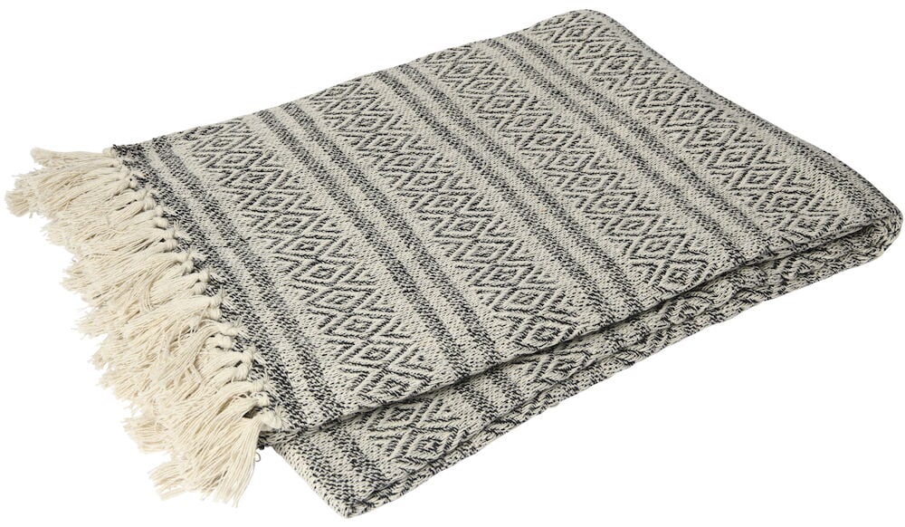 Offwhite und schwarze Decke mit Fransen.