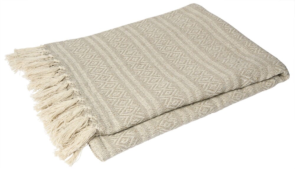 Eine beige Decke mit Fransen und Muster.