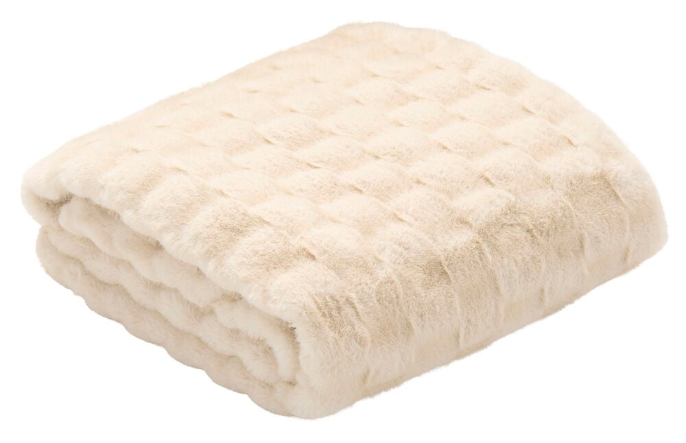 Eine gefaltete Hellbeige Polyester Decke mit strukturiertem Karomuster.