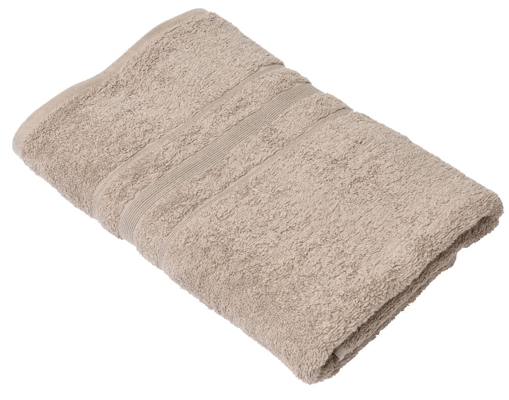 Vaalea beigensävyinen kylpypyyhe, jossa on hillitty raidallinen kuvio.