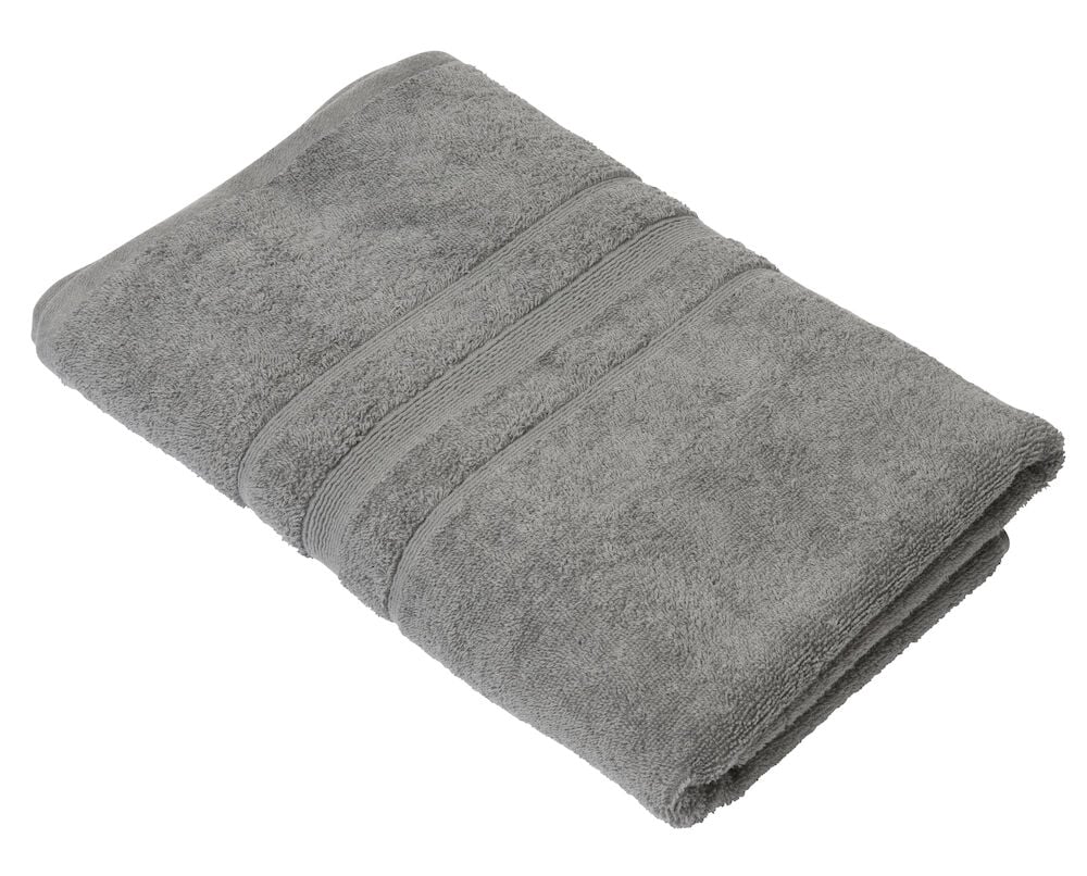 Vikt grå badhandduk med dekorativ kant.