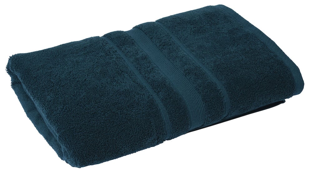 Vikt petrolblå badhandduk i bomull med ränder.
