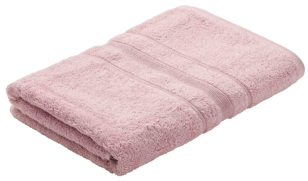 Vikt gammelrosa badhandduk med dekorativa ränder.