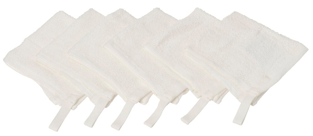 Sex vita bomullstvättlappar med ögla i rad.