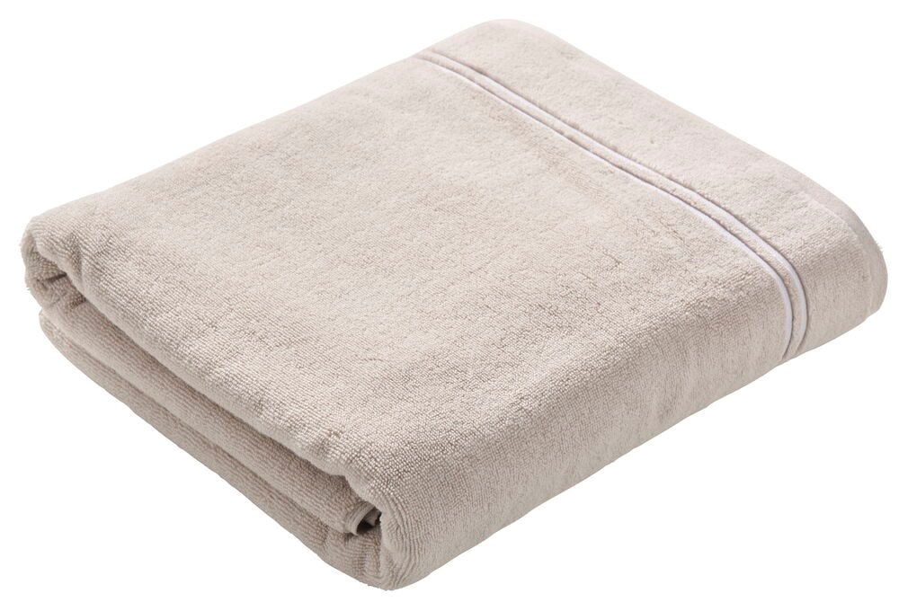 Brettet beige badehåndkle i bomull Hotel Collection 100x150 cm med en hvit stripe.