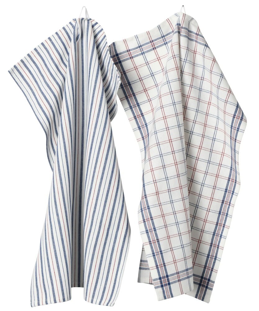 Kaksi keittiöpyyhettä punaisesta ja sinisestä puuvillasta.