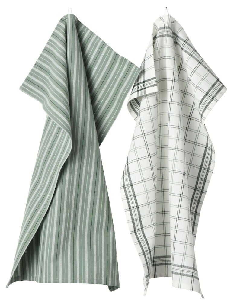 Kaksi vihreää keittiöpyyhettä eri kuvioilla.