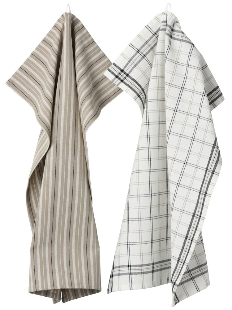 Kaksi keittiöpyyhettä, joissa on ruudullinen ja raidallinen kuvio.