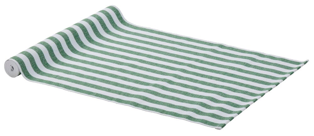 Vihreä ja valkoraidallinen pöytäliina pehmeää kangasta.
