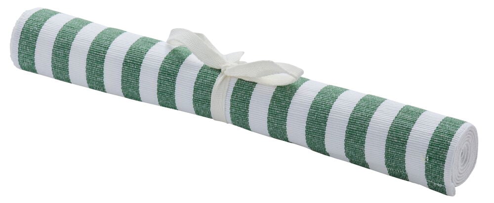 Grün- und weißgestreifter Tischläufer zusammengefaltet mit Schleife.