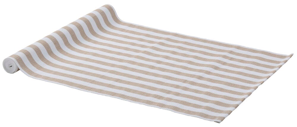 Randig bordløper i beige og hvitt bomullsstoff.