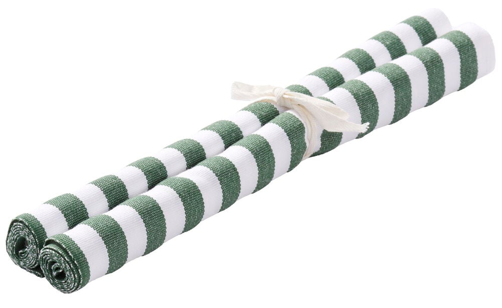 To stripete grønne og hvite bordbrikker bundet sammen.