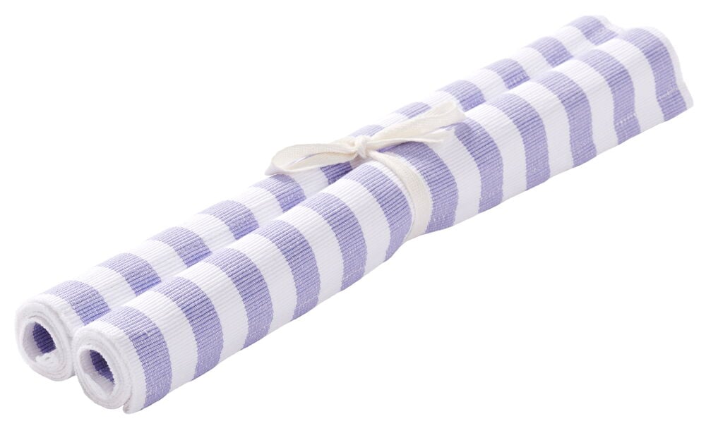 To sammenbundne stripete bordbrikker i blått og hvitt.