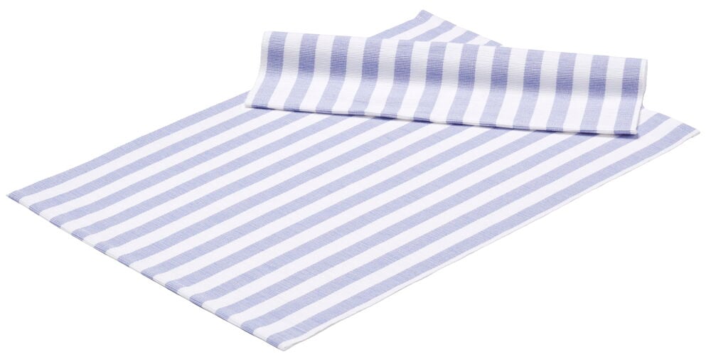 Zwei gestreifte blaue und lila Textiltischsets.