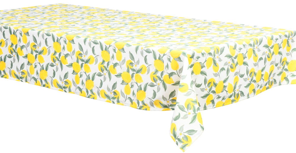 Keltainen liina sitruunakuvioilla ja vihreillä lehdillä.