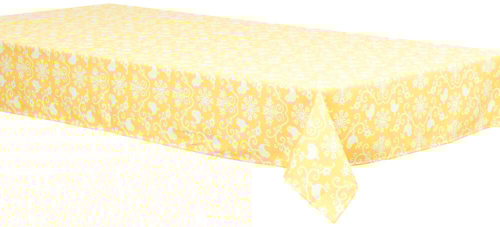 Keltainen liina, jossa on koristeellinen lintu- ja lehtikuvio.