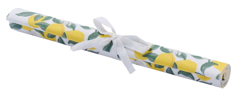 Hoprullad gul bordslöpare med citronmönster och rosett.