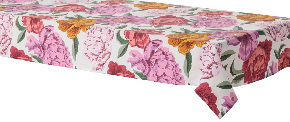 Vit bomull/polyester Duk Noomi med ett stort blommönster av rosa, lila, gula och röda blommor.