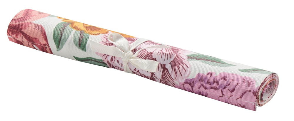Rullad vit blommönstrad bordslöpare Noomi 35x120 cm i bomull/polyester, knuten med vitt band.