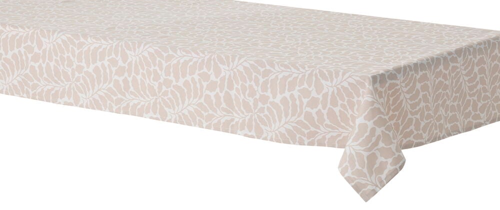 Beige bomull/polyester Duk Filippa med vitt abstrakt bladmönster draperad över ett bord.