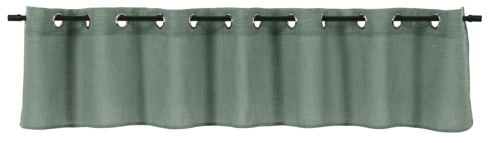 Grön gardinkappa med öljetter och linnestruktur.