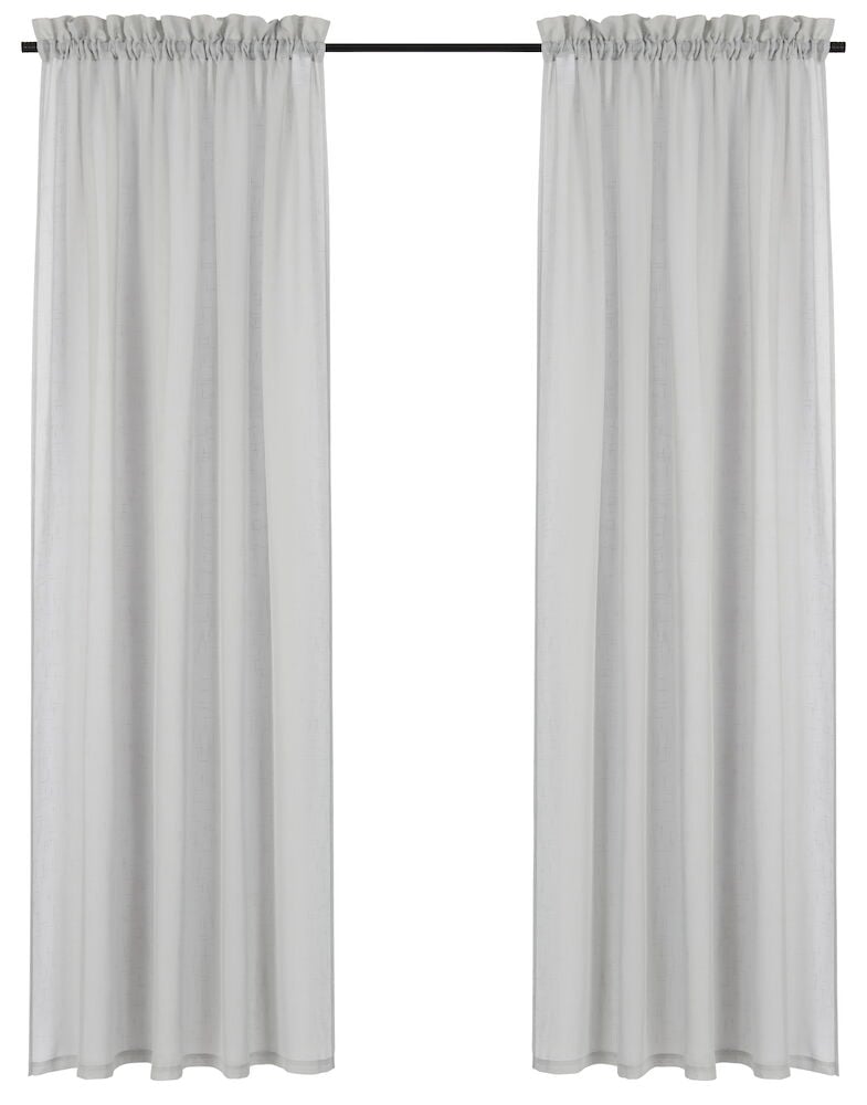 To grå gardinlengder i polyester på stang.