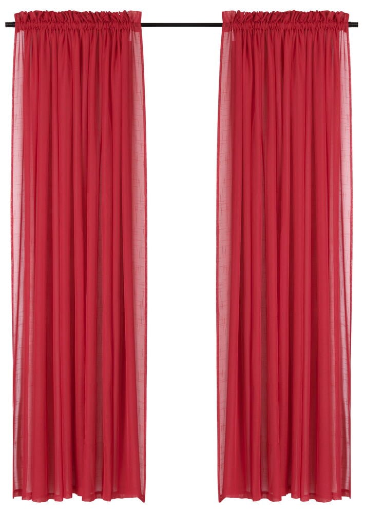 Zwei rote, transparente Vorhänge Linn aus Polyester hängen an einer schwarzen Stange.