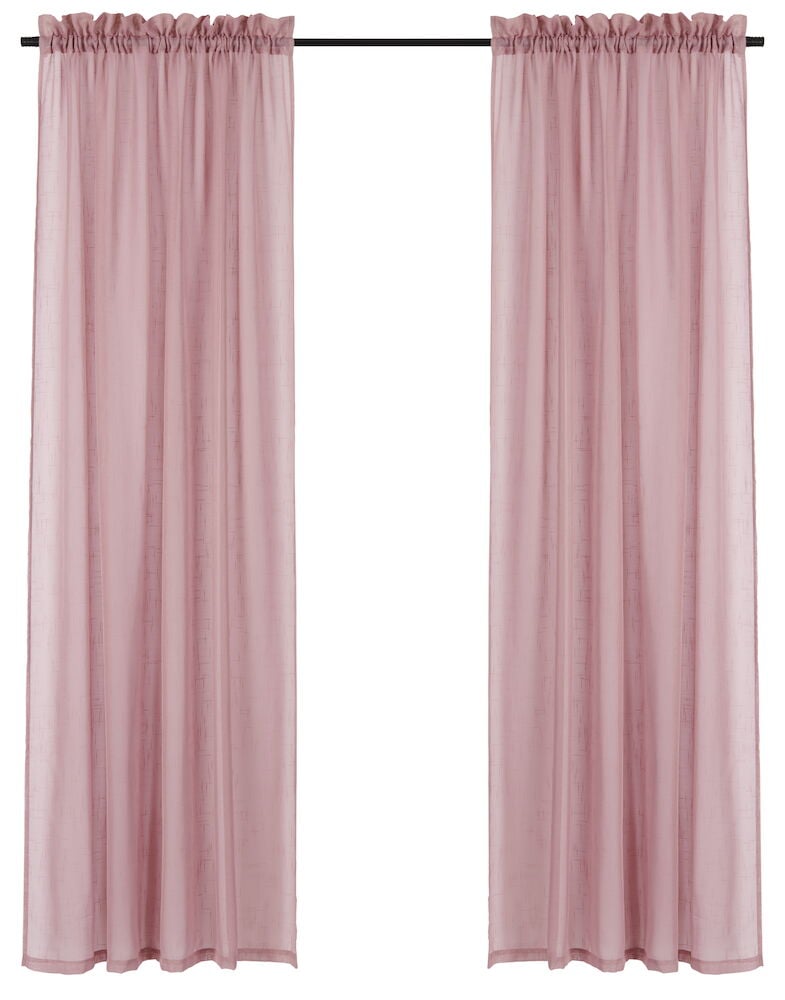 Två rosa enfärgade gardinlängder på gardinstång.