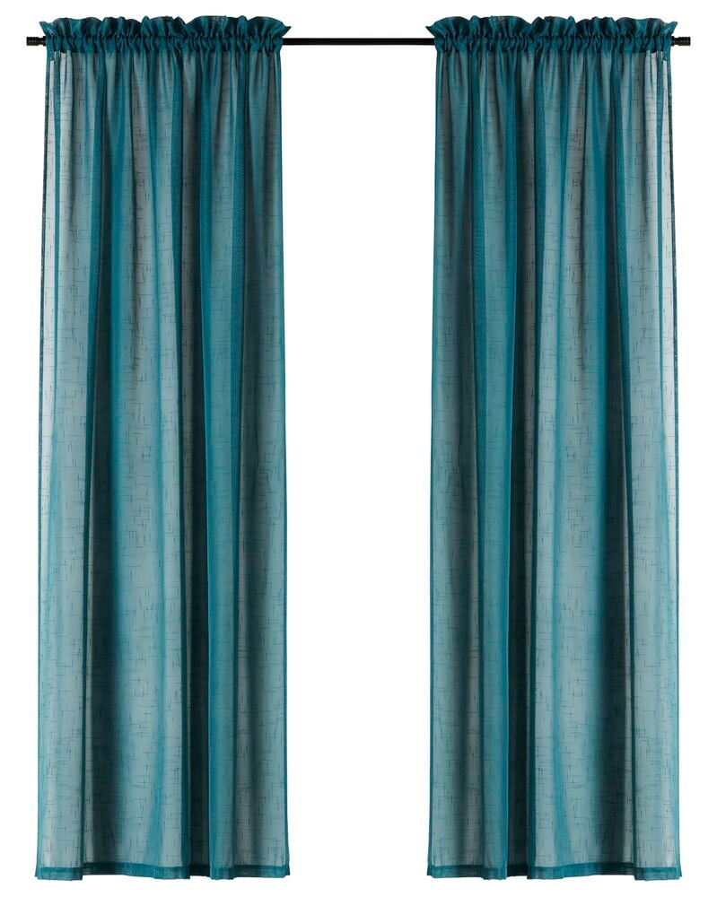 Två djupgröna gardinlängder i tunn polyester.