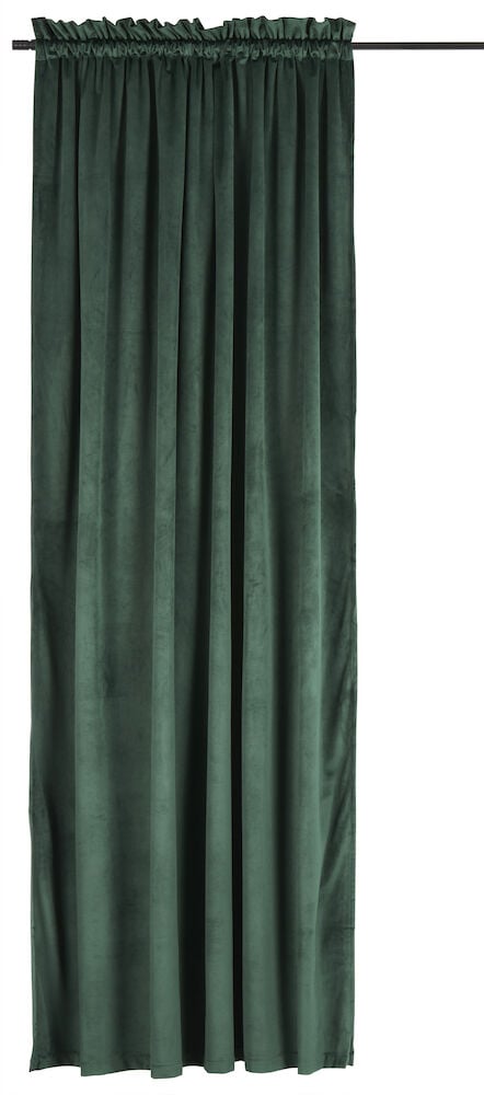 Grønn fløyelsgardin med doble kanaler opphengt.