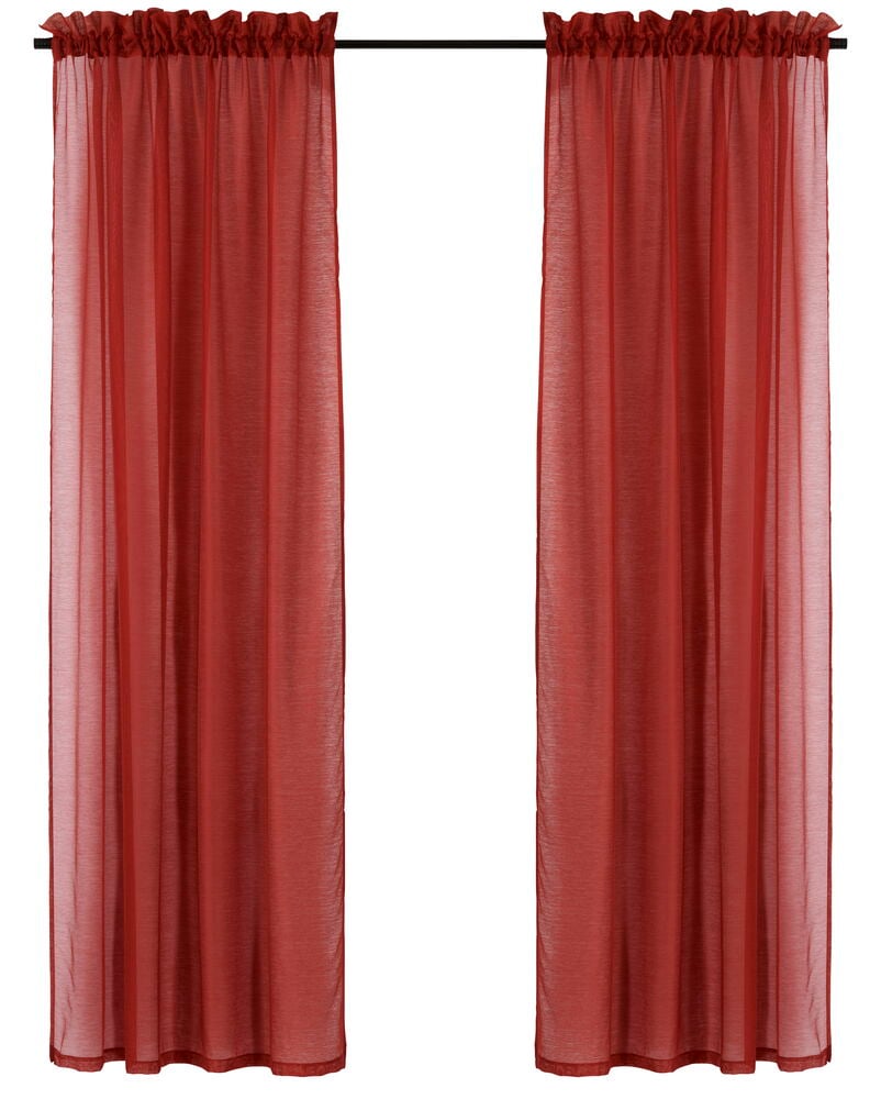 Zwei rote, transparente Gardinen Kim 135x220 cm aus Polyester hängen an einer schwarzen Gardinenstange vor weißem Hintergrund.