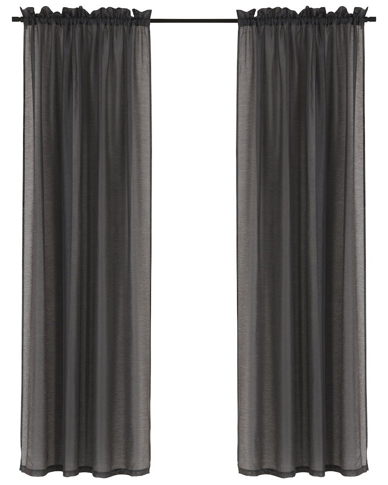 To granittgrå gardinlengder i polyester på stang.