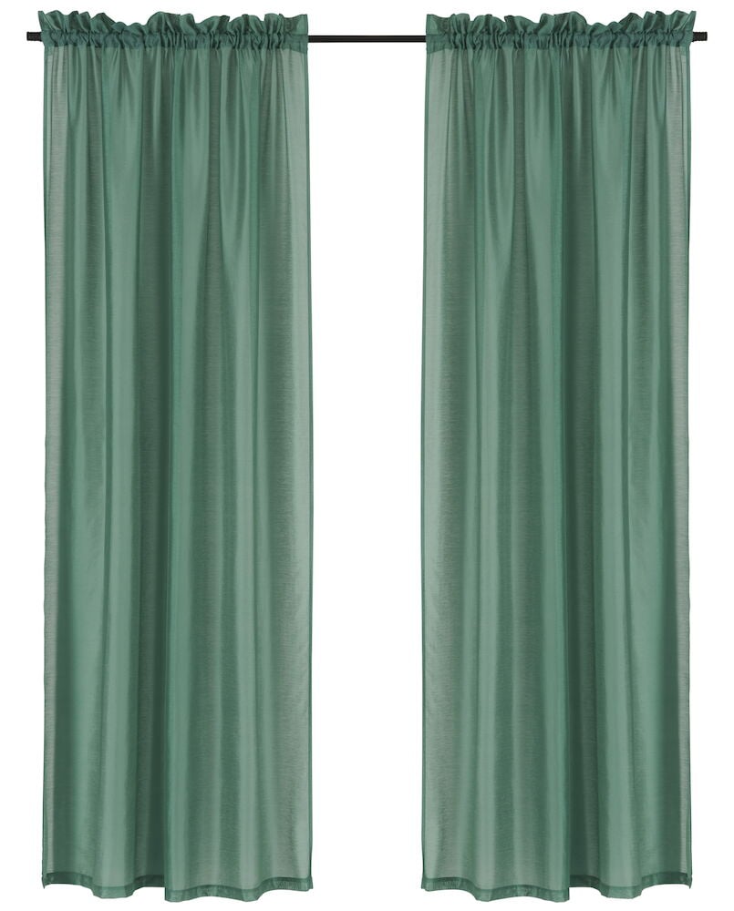 Två gröna gardinlängder i polyester på stång.
