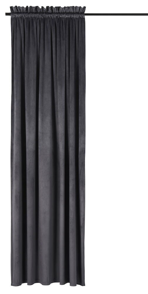 Grå sammetsgardin med dubbla kanaler upphängd.