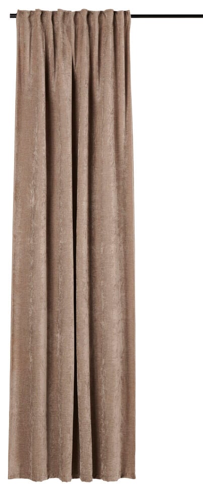 Beige Polyestersammet Gardinlängd Vintage, 135x250 cm, med veckad ovansida, hängande på en svart stång.