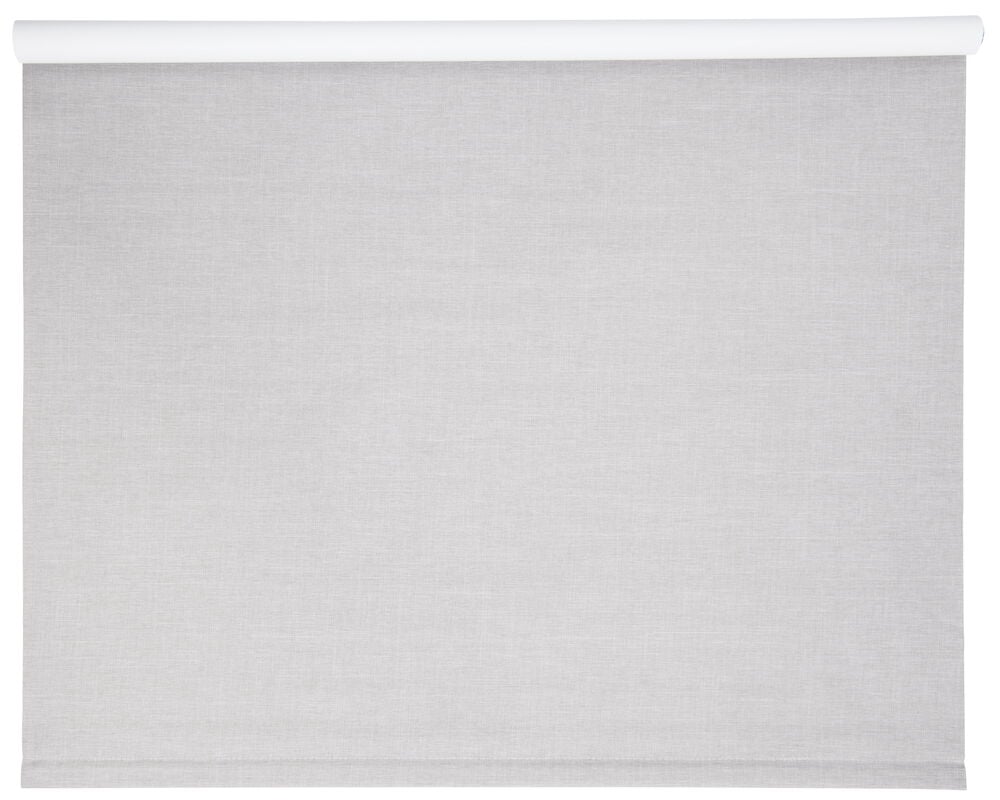 Gråbeige mørkleggingsrullegardin helt utrullet.