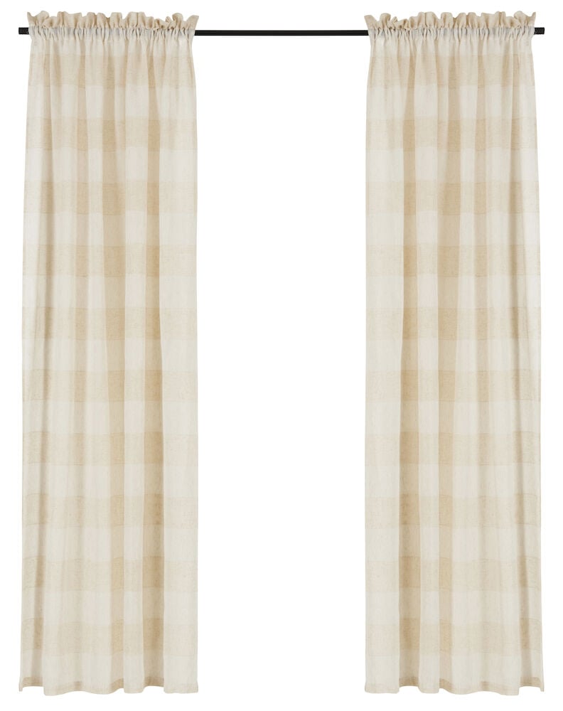 Kaksi vaaleaa kuvioitua verhopaneelia luonnonväreissä.