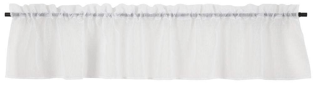 Valkoinen verhokappa, jossa on kudotut raidat tangossa.