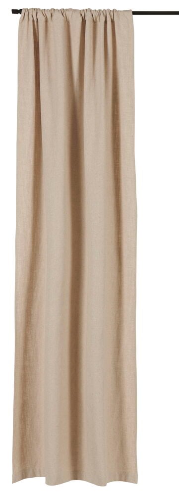 Luonnonvärinen yksivärinen verho, jossa on pellavasekoitetta.