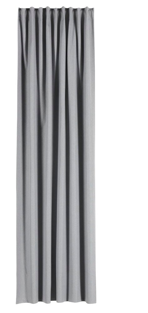 Hellgrauer Verdunkelungsvorhang mit plissiertem Strukturstoff.