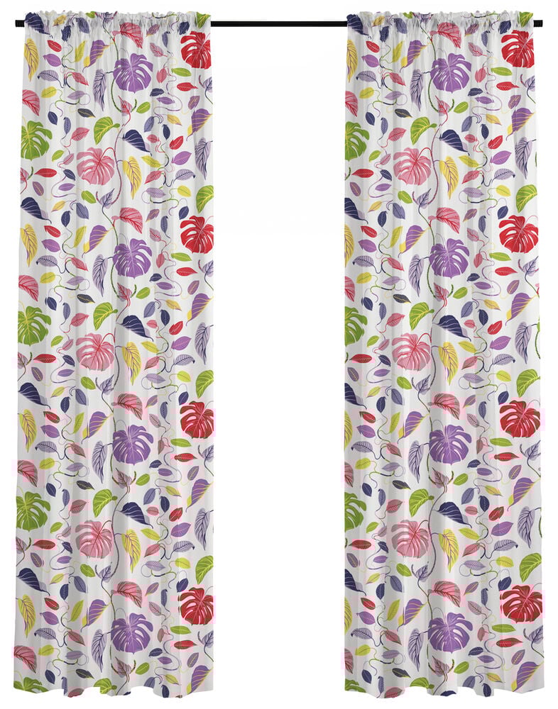 Zwei weiße Vorhänge mit buntem Blumenmuster.