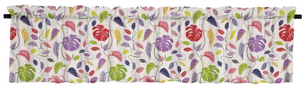 Valkoinen verhokappa, jossa on värikkäitä kukkia ja lehtiä.