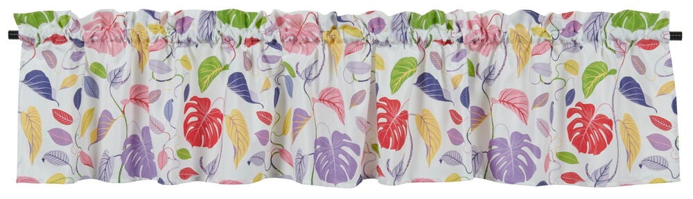 Valkoinen verhokappa, jossa on värikäs kukka- ja lehtikuvio.