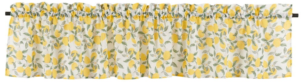 Valkoinen verhokappa, jossa on sitruunakuviota ja vihreitä lehtiä.